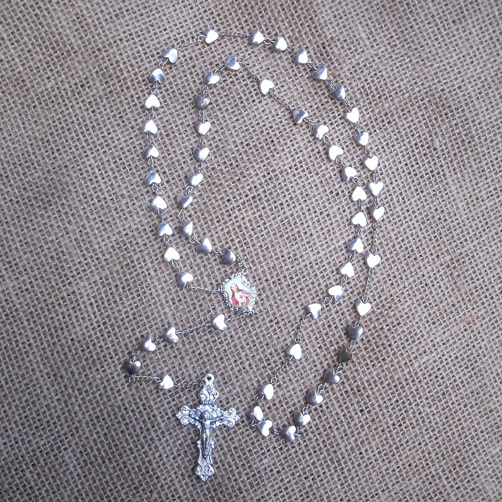 Handmade Silver Pewter Heart Bead Rosary